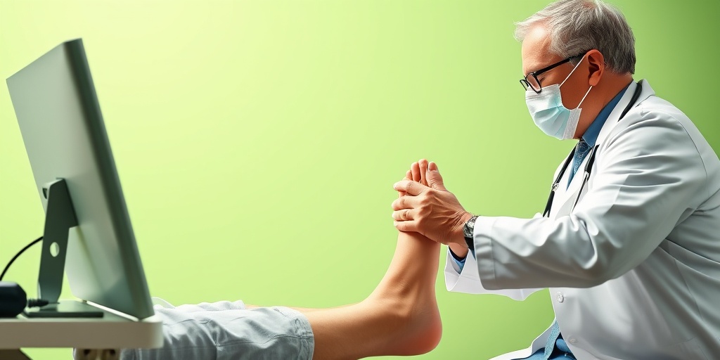 A podiatrist examines a patient's foot in a clinical setting, emphasizing trust and communication in a soothing green environment.  4.png