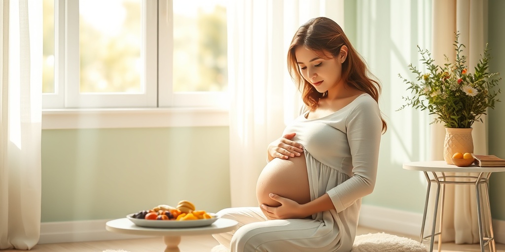A pregnant woman cradles her baby bump in a serene room, symbolizing the need for Listeria awareness during pregnancy.  5.png
