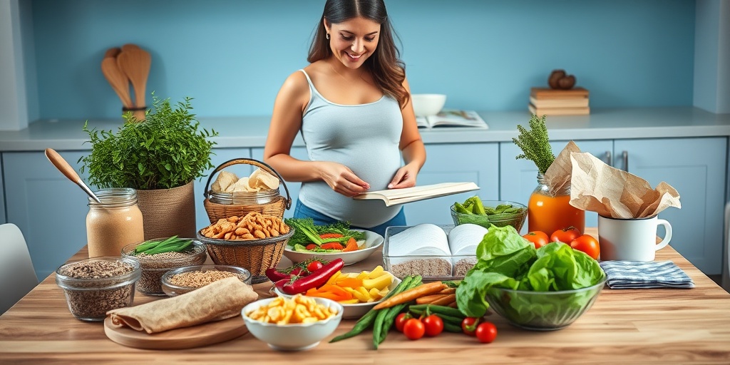 A pregnant woman joyfully prepares a healthy meal with whole grains and vegetables, a cookbook open in a calm kitchen setting.  4.png