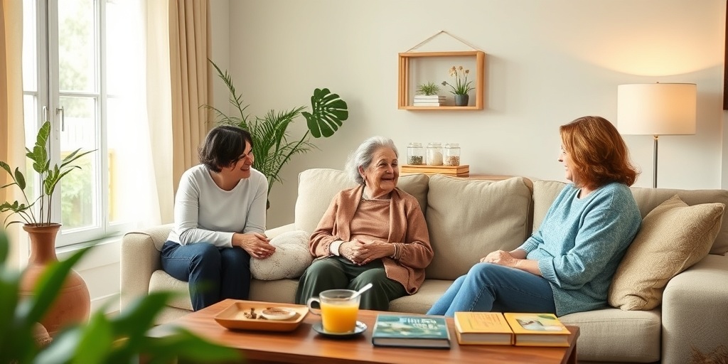 A senior woman manages Recurrent Multiple Myeloma symptoms in a cozy living room, surrounded by supportive family members.4.png