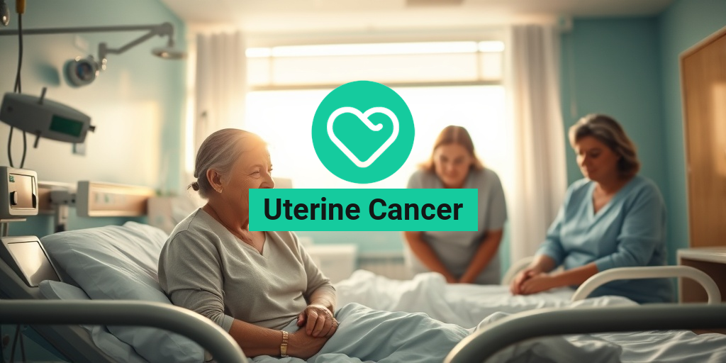 A serene hospital room with a middle-aged woman, family members offering comfort, and warm, cinematic lighting. • Yesil Health AI