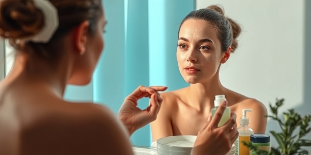 A serene skincare routine scene emphasizes hydration and self-care, with soft lighting and a calming background promoting well-being.  5.png
