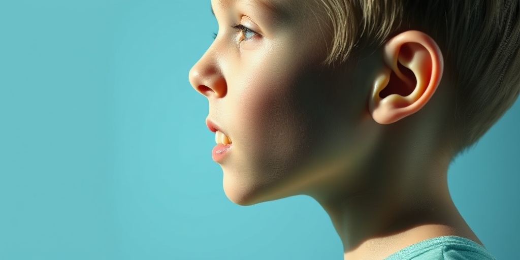 A side profile of a patient showing jaw deformity from mandibular ameloblastoma, set against a soft blue background with dramatic shadows.  4.png