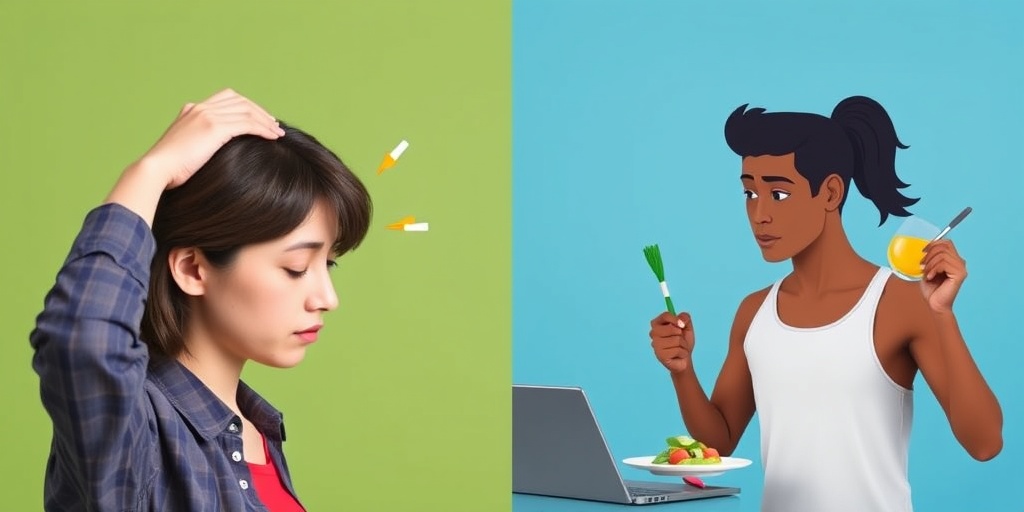 A split image contrasting job stress with wellness, depicting anxiety on one side and healthy activities on the other.3.png