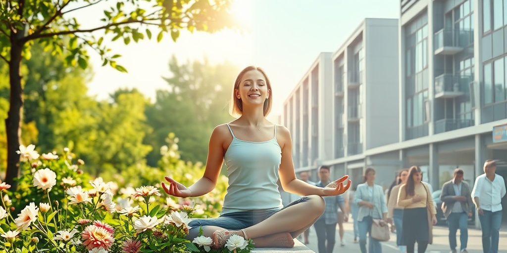 A split scene contrasts a meditating individual in a peaceful garden with their stressed self in a busy city.  2.png