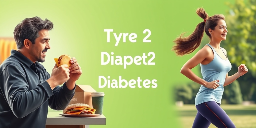 A split scene contrasts unhealthy fast food indulgence with outdoor exercise, emphasizing lifestyle choices impacting diabetes risk.  3.png