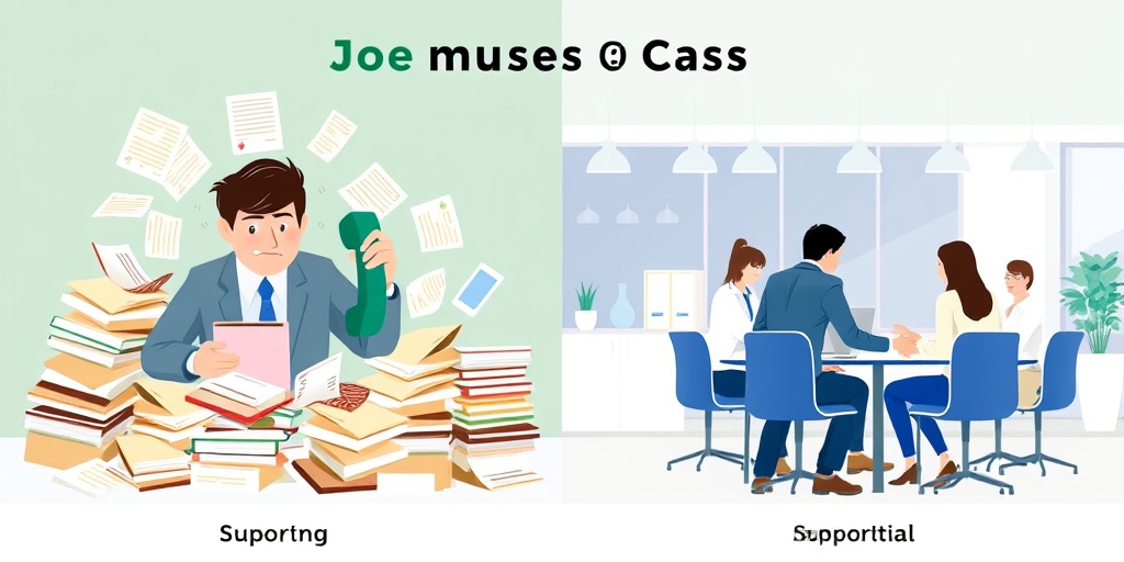 A split scene shows an overwhelmed employee versus a supportive team, highlighting the contrast between stress and collaboration.2.png