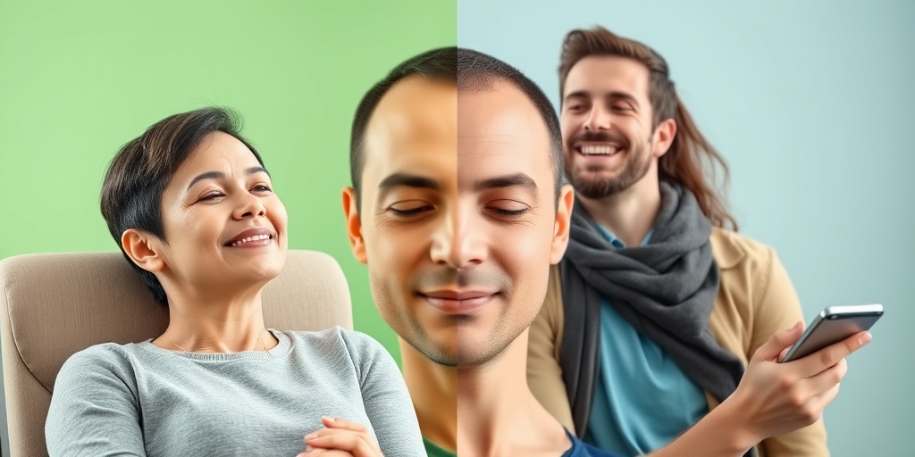 A split-screen image shows a patient finding stress relief during biofeedback and radiating confidence in daily life.  3.png