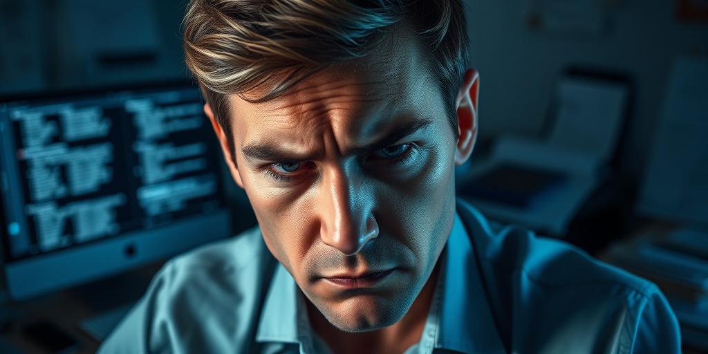 A stressed employee at a cluttered desk, showing signs of anxiety with furrowed brows and tense shoulders.2.png