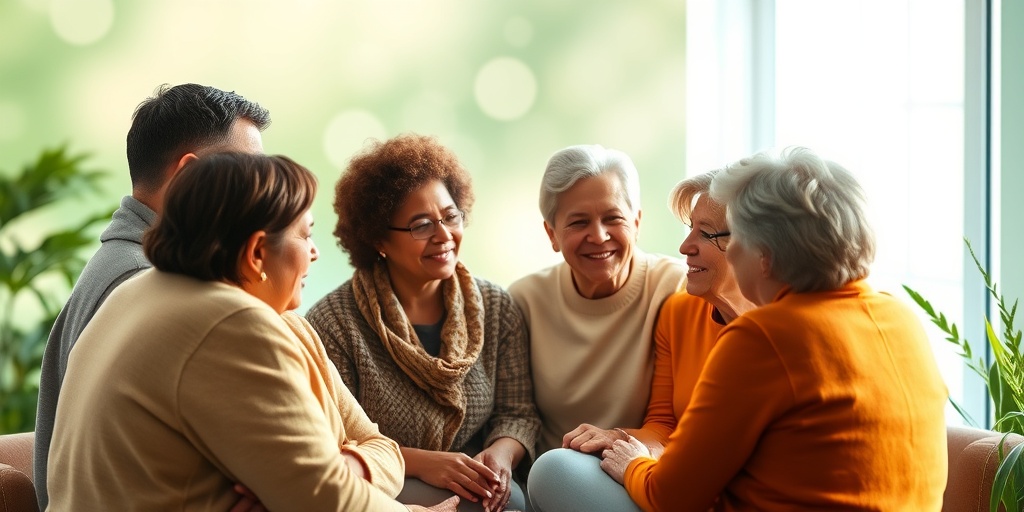 A support group of lymphoma survivors shares experiences, illuminated by soft lighting in a warm, healing atmosphere. 5.png