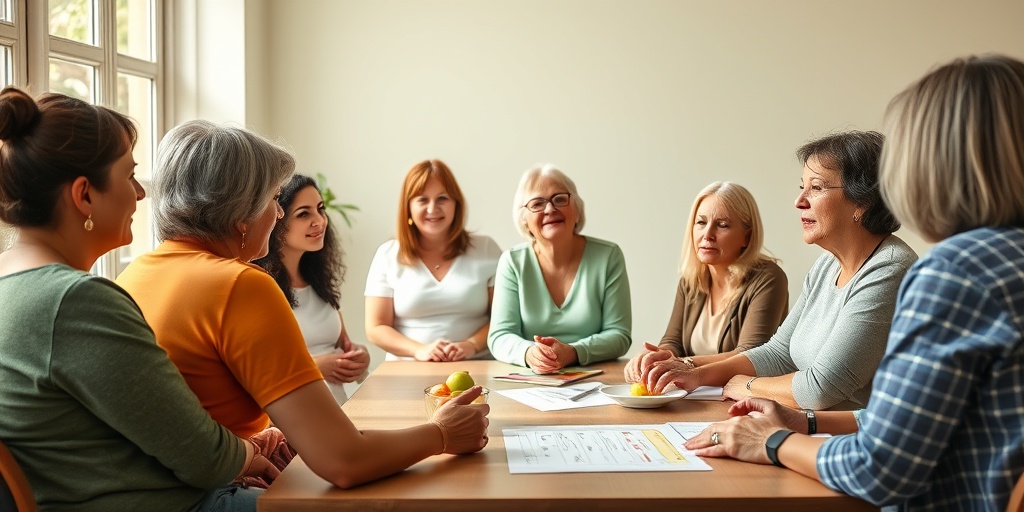 A support group shares weight maintenance strategies in a warm room, fostering community and personal growth through discussion.  4.png