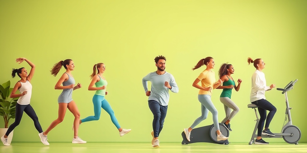 A supportive environment shows beginners stretching and jogging, with a calming green backdrop symbolizing growth and motivation.  3.png