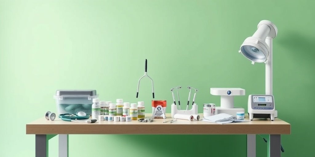 A table displaying bladder cancer treatment options, including chemotherapy drugs and surgical instruments, in a healing atmosphere.  4.png