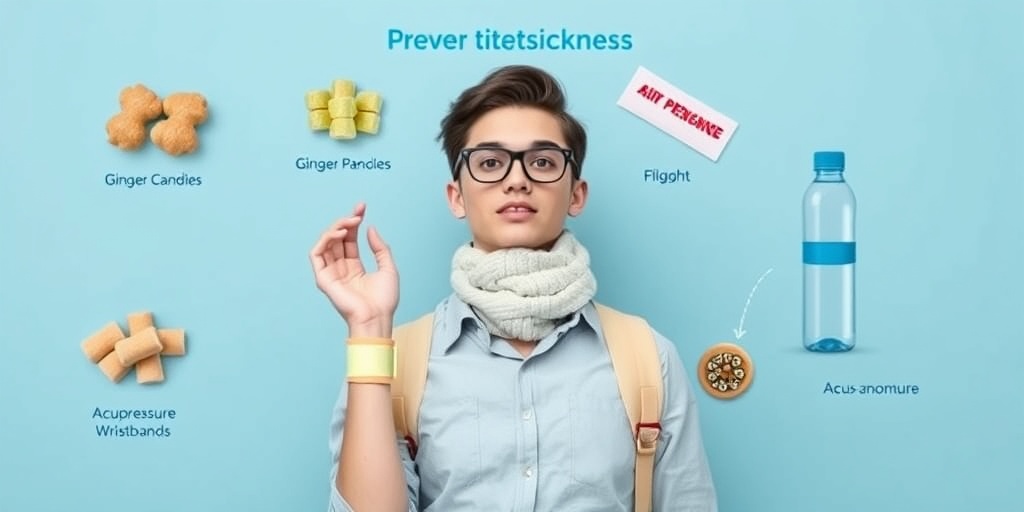A traveler prepares for a flight with ginger candies and acupressure wristbands, exuding confidence against a subtle blue backdrop.  5.png
