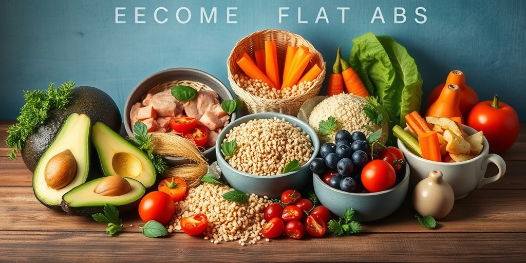 A vibrant display of nutritious foods on a rustic table highlights the connection between healthy eating and achieving flat abs. 4.png