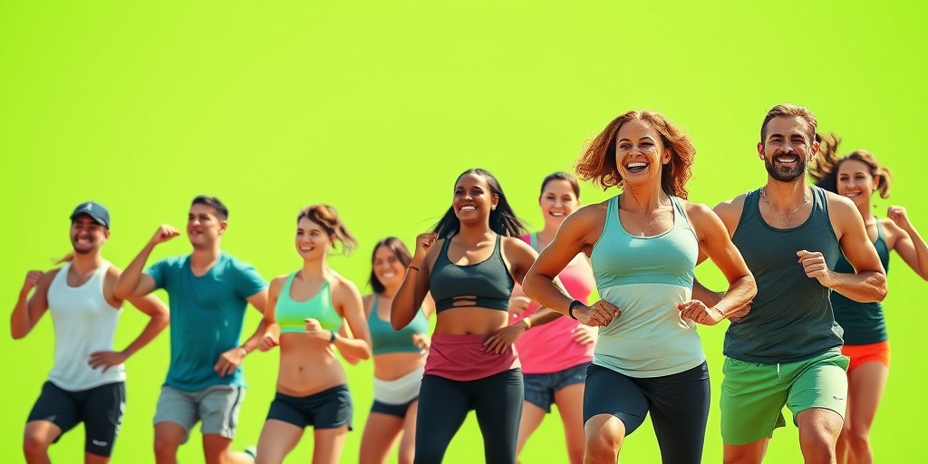 A vibrant outdoor scene captures diverse individuals in various workout stages, highlighting camaraderie and determination in a lively green setting.  5.png
