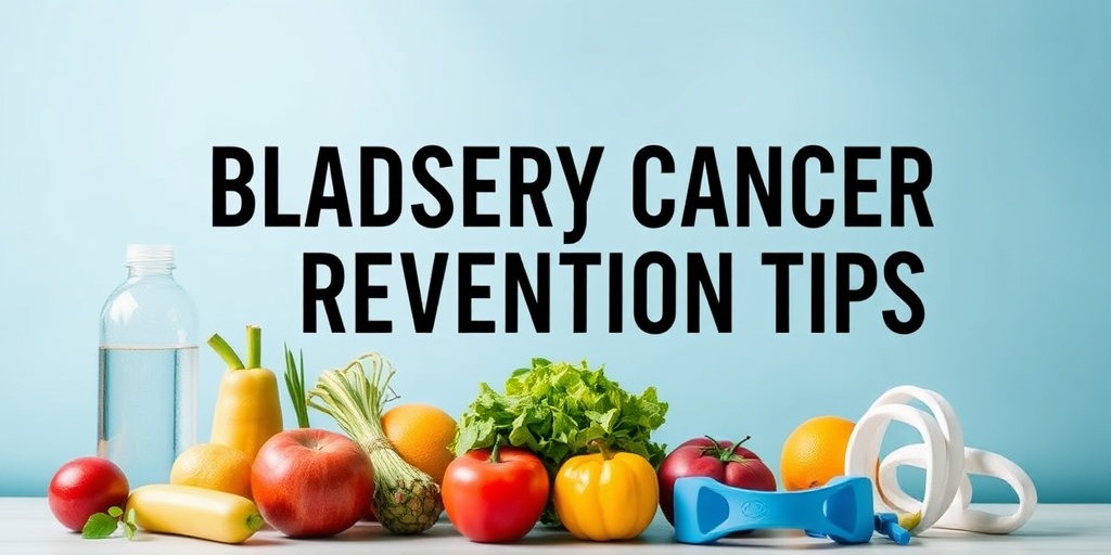 A vibrant scene promoting bladder cancer prevention with fresh produce, exercise gear, and a calming blue background.  5.png