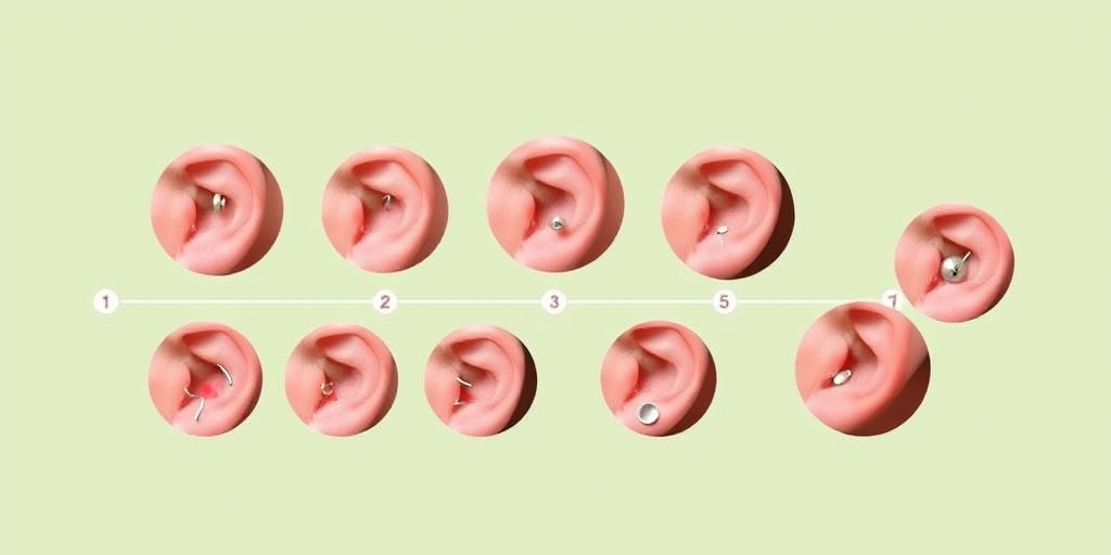 A visual timeline showcasing the healing stages of piercings, arranged in a circular format against a calming green backdrop. 4.png