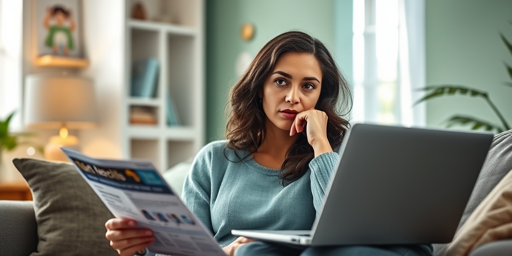 A woman contemplates her birth control options at home, surrounded by brochures and a laptop, emphasizing personalized decision-making. 4.png