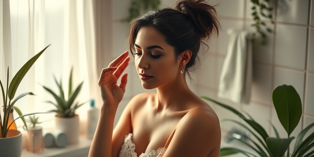 A woman practicing self-care in a tranquil bathroom, surrounded by nature, promoting healthy habits against Bacterial Vaginosis.  5.png