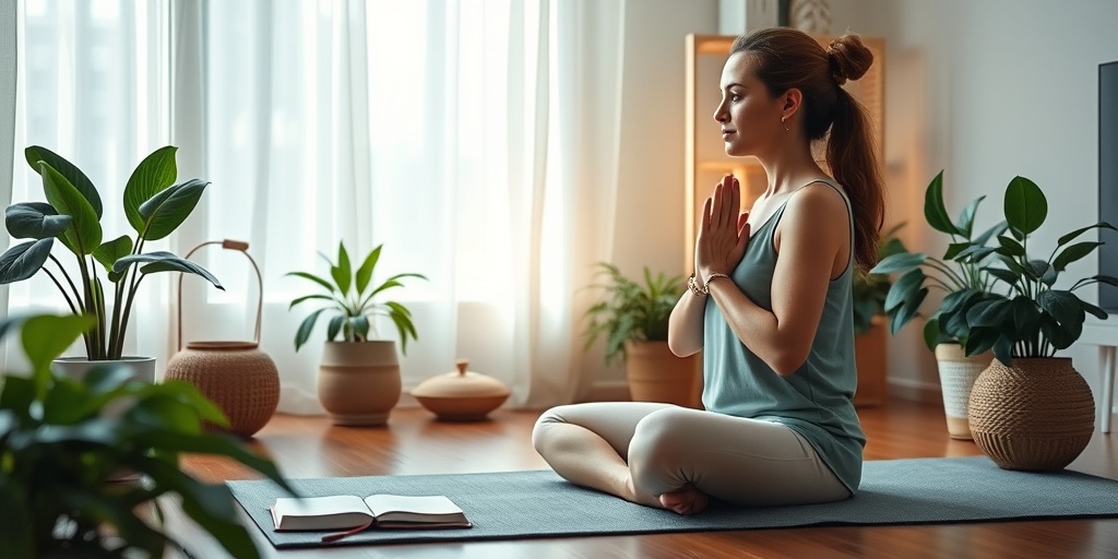 A woman practicing yoga at home, surrounded by plants and soft lighting, embodying mindfulness and resilience during her cancer journey.5.png