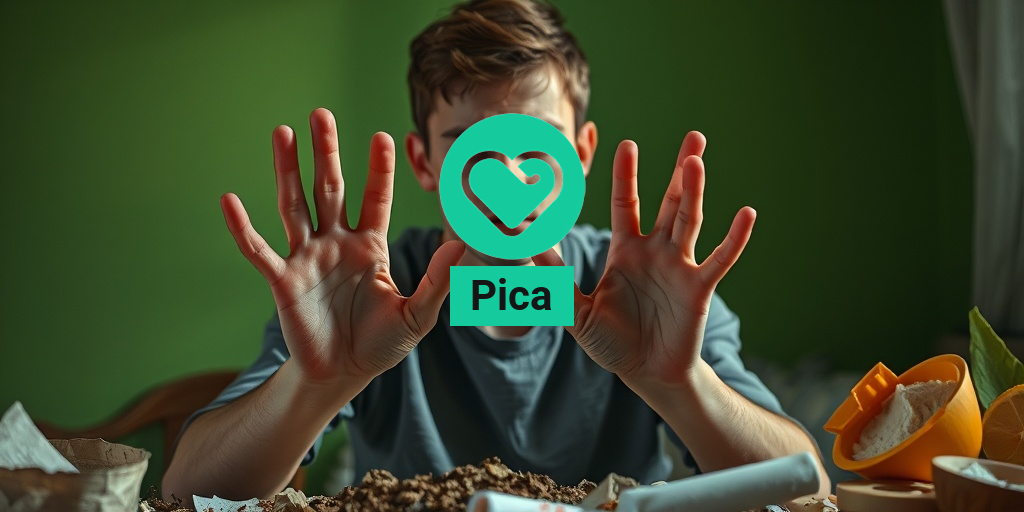 A young adult sits contemplatively, surrounded by dirt and paper, highlighting the struggle with pica in soft lighting. • Yesil Health AI