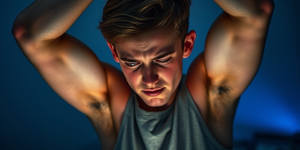 A young adult struggles to lift a light object, showcasing muscle weakness and determination in a tense atmosphere. 2.png