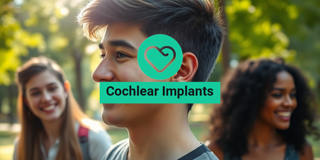 A young adult with a cochlear implant enjoys a lively conversation with friends in a sunlit park. β’ Yesil Health