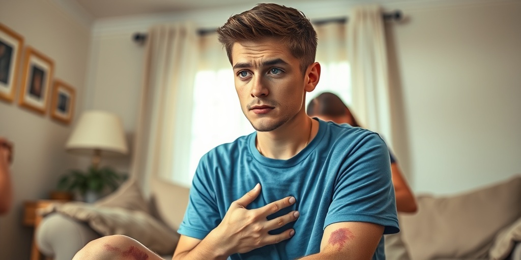 A young man shows visible bruising at home, expressing confusion while a family member offers support in the background.  2.png