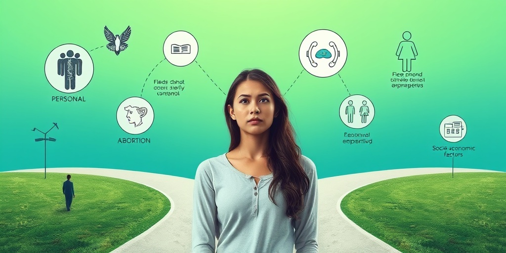 A young woman stands at a crossroads, contemplating personal, medical, and socio-economic factors influencing her abortion decision.  3.png