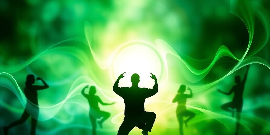 Abstract representation of energy flow in Chi Gong, featuring swirling colors and silhouettes, symbolizing holistic health and balance. 5.png