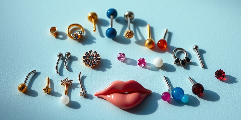 An artistic display of nose rings, eyebrow piercings, and lip studs on a neutral surface, illuminated by cinematic lighting. 2.png