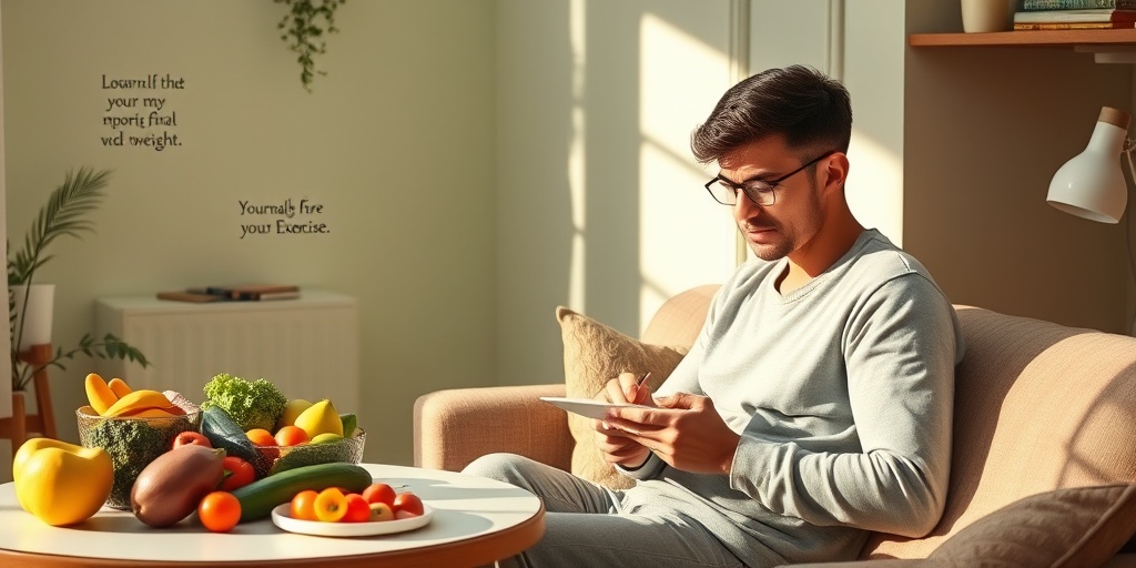 An individual journals meals and exercise in a serene space, surrounded by healthy foods and motivational quotes.  3.png