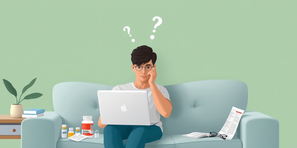 An individual researches allergy symptoms at home, surrounded by medications and pamphlets, reflecting on the importance of seeking help.  5.png