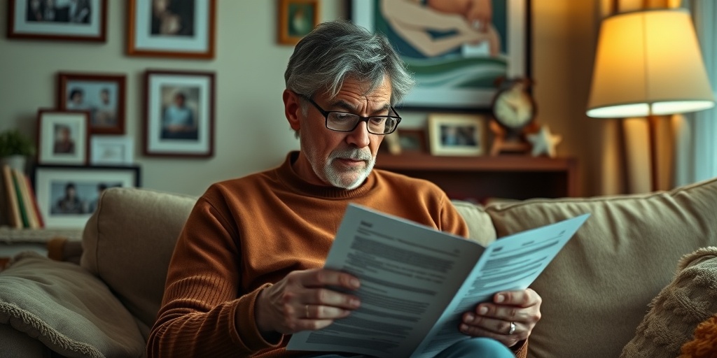 An individual reviews their advance directive at home, surrounded by family photos, creating a warm and intimate atmosphere.  5.png