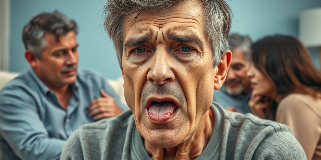 An individual shows repetitive tongue movements and facial grimacing, surrounded by supportive family in a warm living room.  2.png