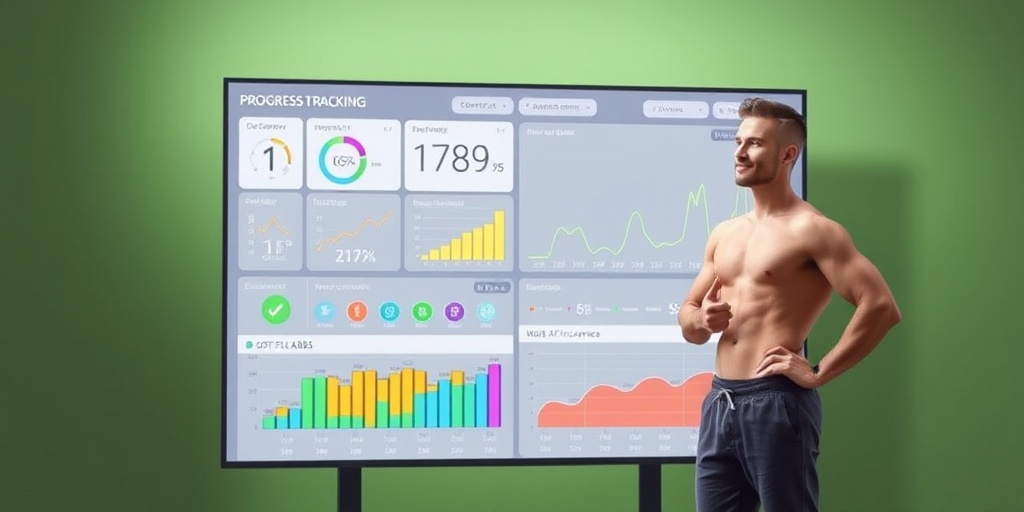 An individual stands beside a progress tracking chart, showcasing fitness metrics in a motivating green environment, reflecting pride.  5.png
