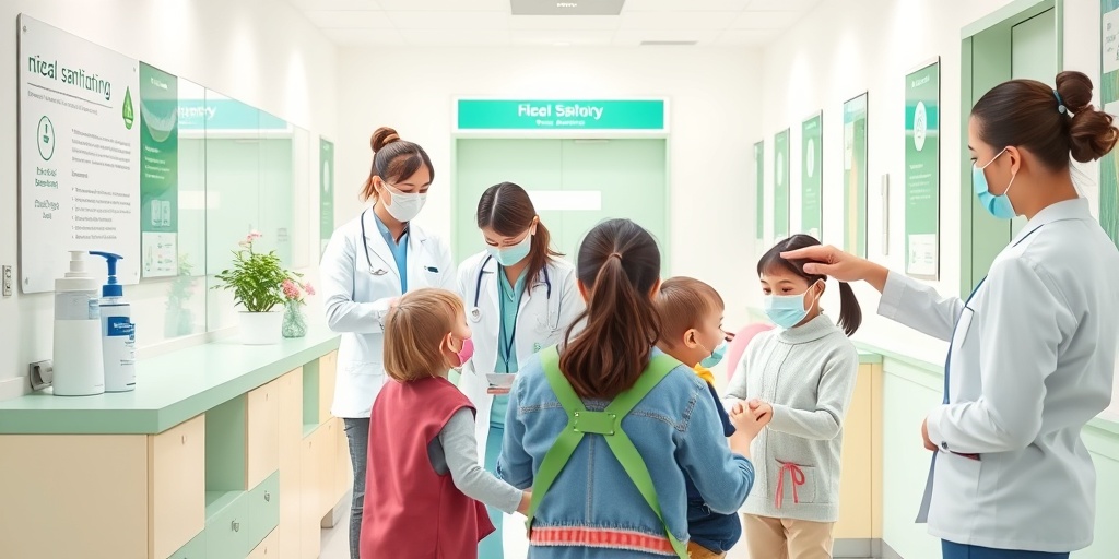 Caregivers conduct health checks, emphasizing safety and hygiene with hand sanitizers and temperature checks in a bright daycare. 3.png