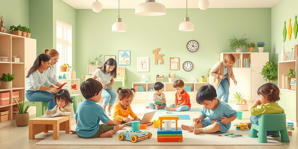 Children explore art and music, supported by caregivers in a vibrant atmosphere filled with educational materials and toys. 5.png