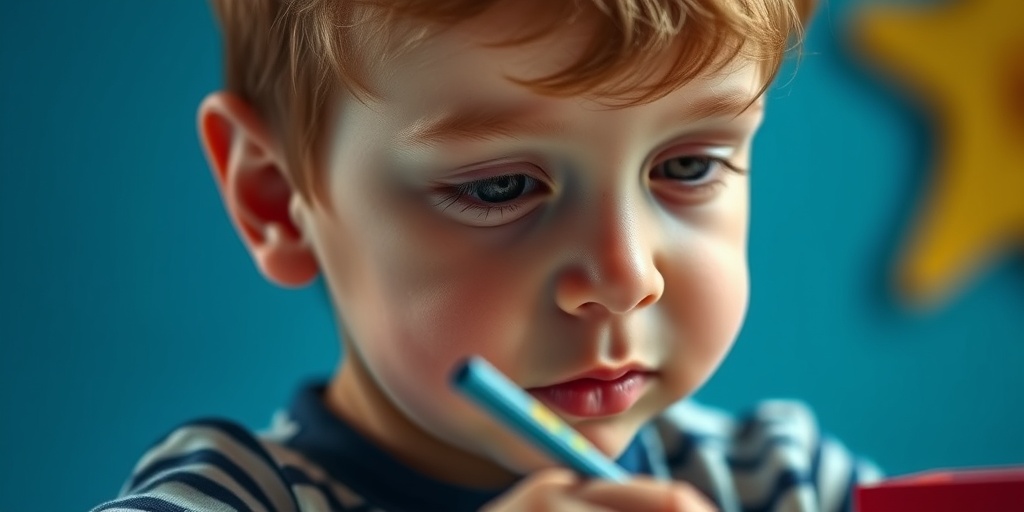 Close-up of a child's face with craniofacial anomalies, engaged in playful drawing against a subtle blue background.  2.png