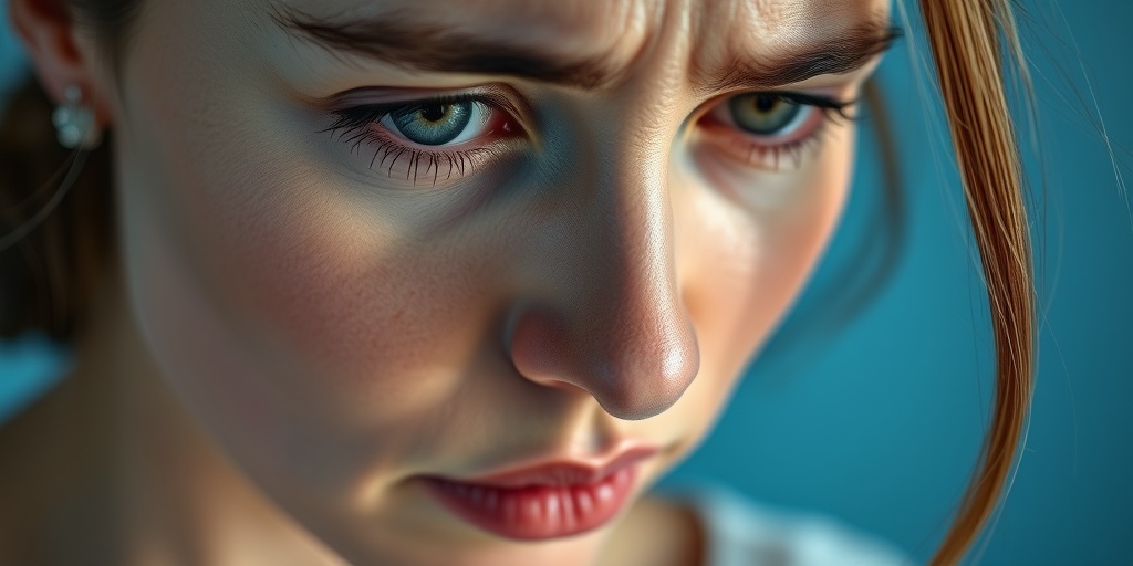Close-up of a concerned woman experiencing Bacterial Vaginosis symptoms, highlighting vulnerability against a calming blue background.  2.png