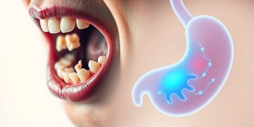 Close-up of a mouth shows dental erosion, with a highlighted stomach area indicating gastrointestinal pain, against a creamy background.  2.png