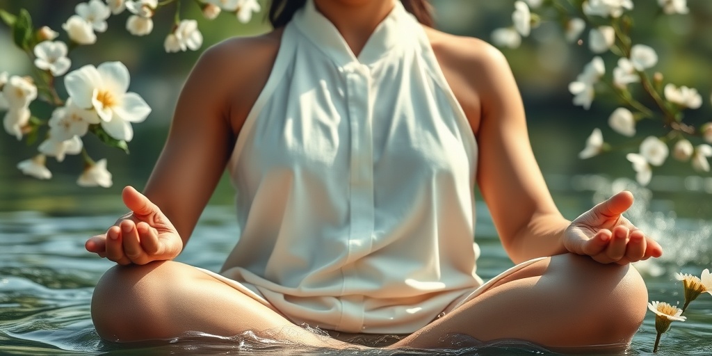 Close-up of a person meditating amidst flowing water and blooming flowers, radiating peace and balance. 2.png