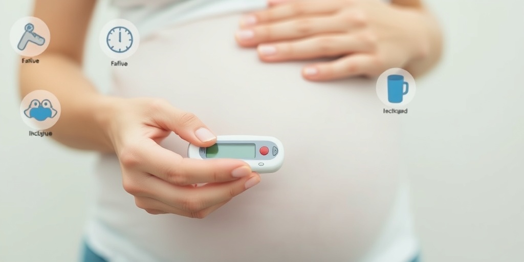 Close-up of a pregnant woman's hands testing blood with a glucose meter, icons of gestational diabetes symptoms subtly illustrated in the background.  2.png
