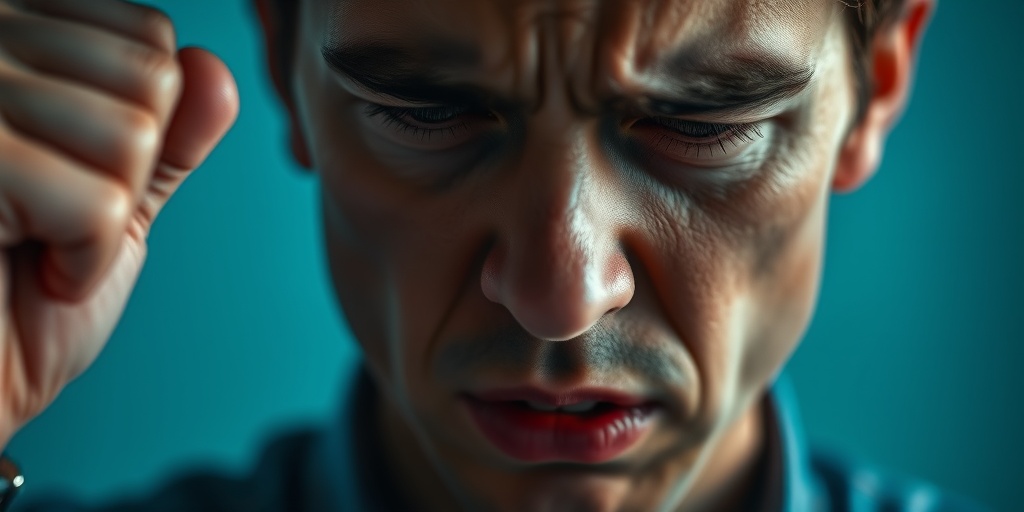 Close-up of a stressed face, furrowed brows and tense jaw, against a blurred blue background highlighting emotional strain.  2.png