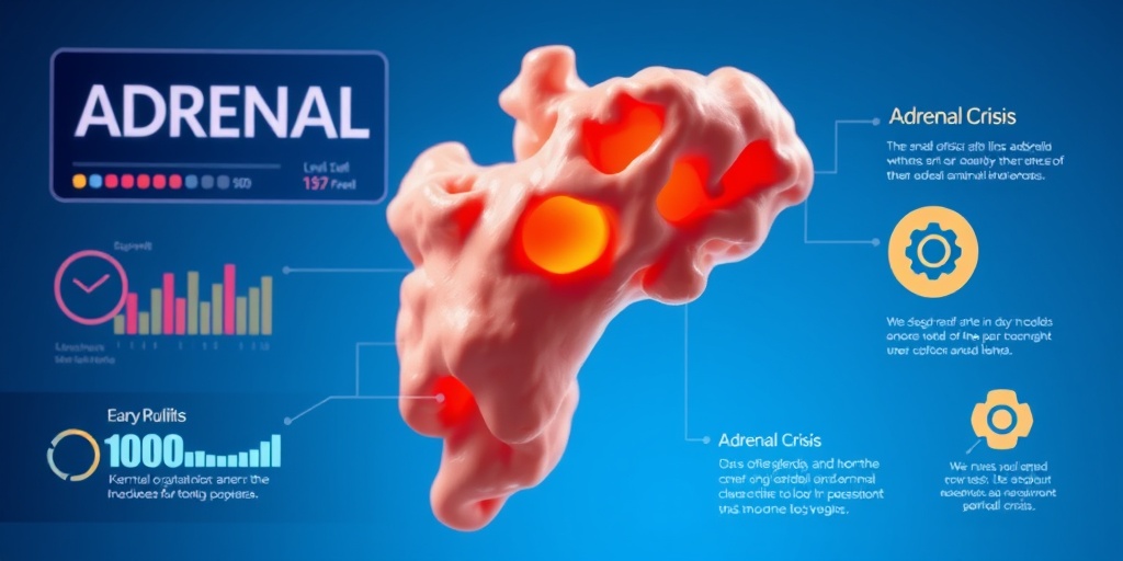 Close-up of an adrenal gland model with digital hormone levels, set against a subtle blue background for educational focus.  2.png