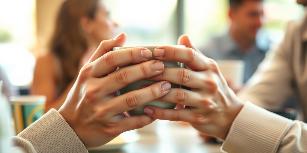 Close-up of anxious hands trembling around a coffee cup, hinting at social discomfort in a warm setting.2.png
