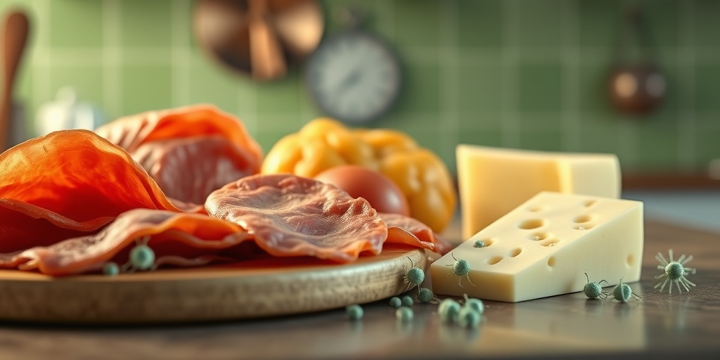 Close-up of contaminated food items with stylized Listeria bacteria, emphasizing food safety awareness in a kitchen setting.  3.png