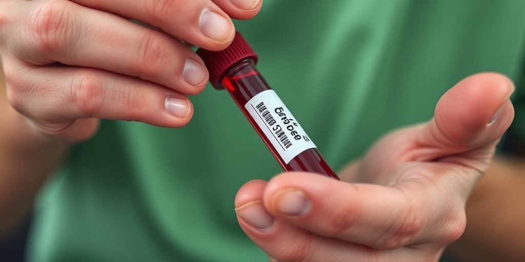 Close-up of fatigued hands holding a blood sample tube, symbolizing the emotional weight of Recurrent Multiple Myeloma diagnosis.2.png