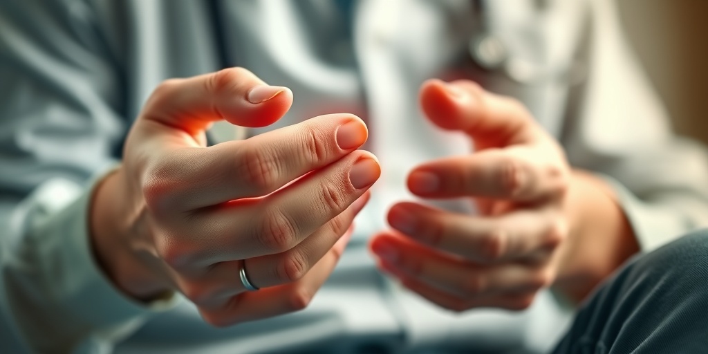 Close-up of fatigued hands symbolizes pain, with a healthcare professional discussing treatment options in the background.  2.png